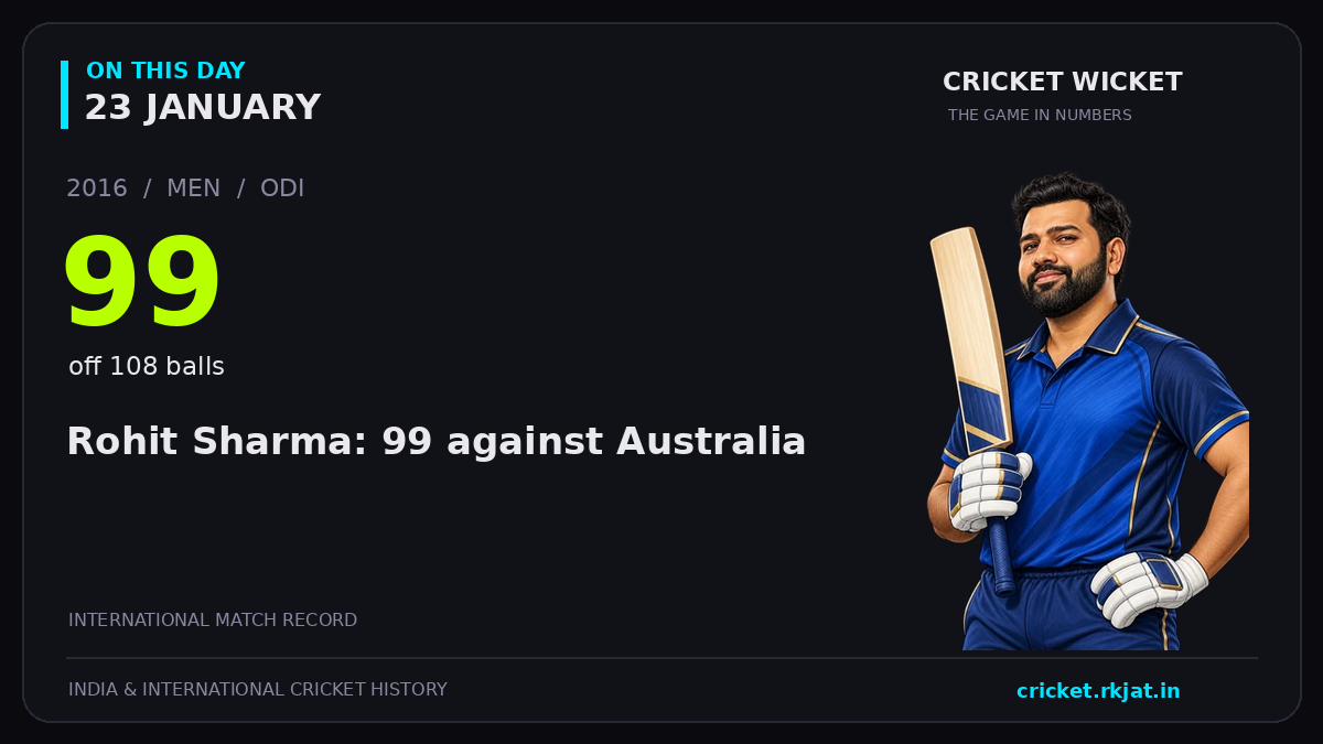 On this day, 23 January: Rohit Sharma: 99 against Australia. 2016; 99, off 108 balls.
