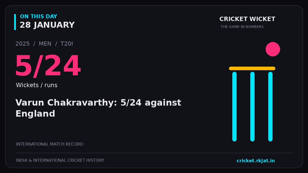 On this day, 28 January: Varun Chakravarthy: 5/24 against England. 2025; 5/24, Wickets / runs.
