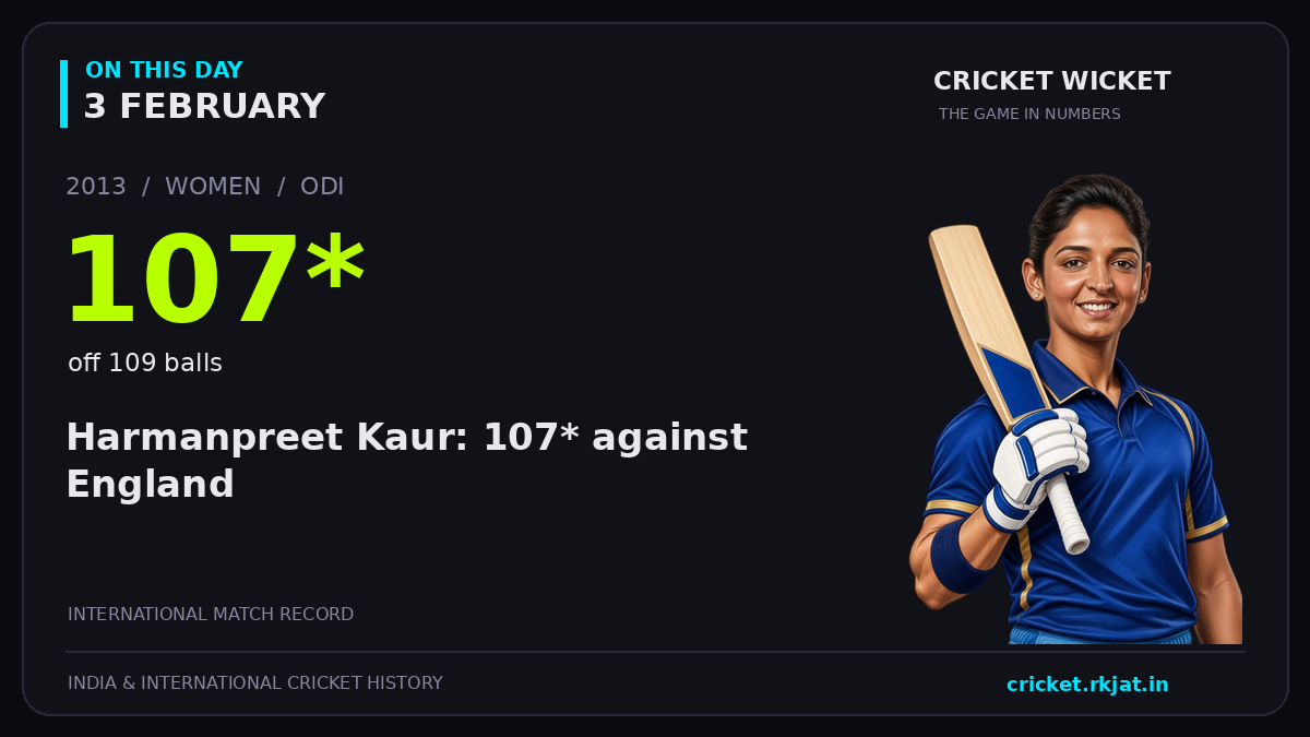On this day, 3 February: Harmanpreet Kaur: 107* against England. 2013; 107*, off 109 balls.