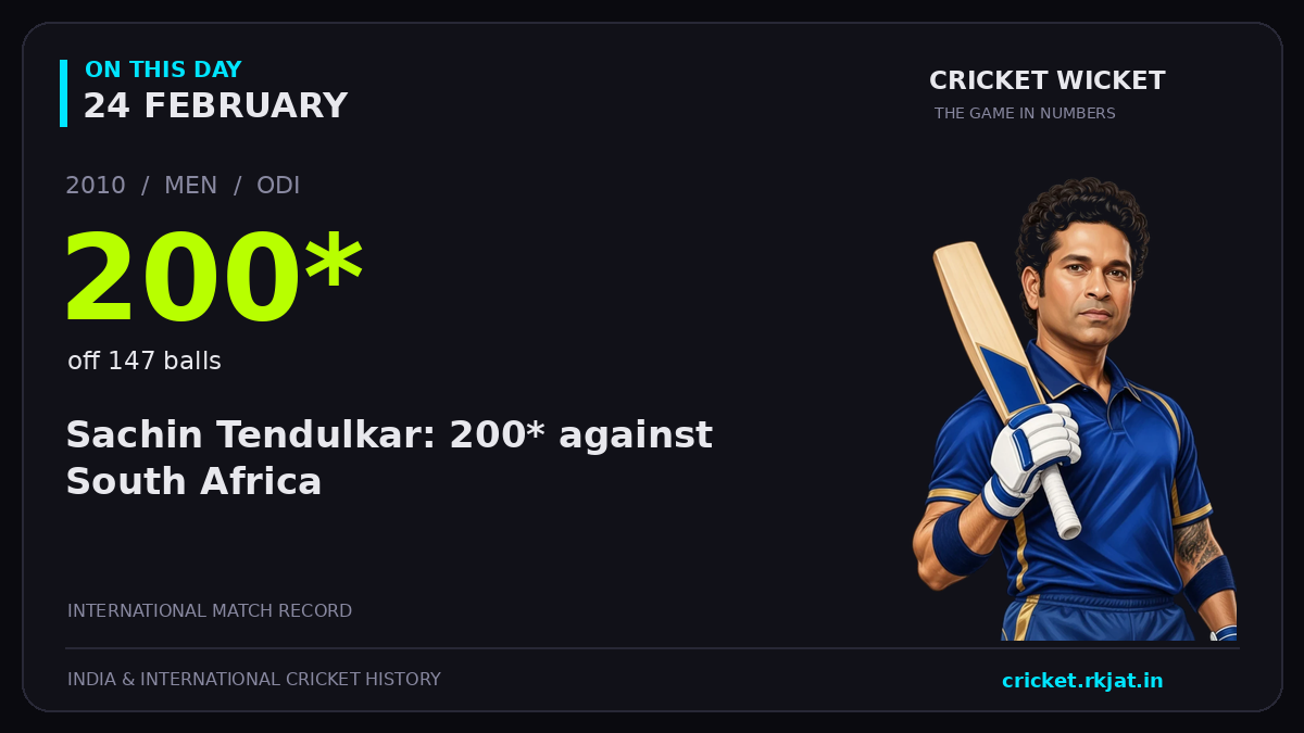 On this day, 24 February: Sachin Tendulkar: 200* against South Africa. 2010; 200*, off 147 balls.