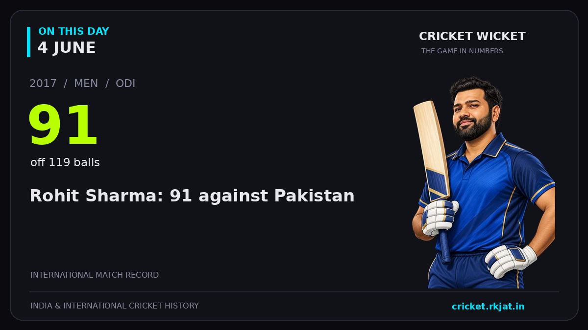 On this day, 4 June: Rohit Sharma: 91 against Pakistan. 2017; 91, off 119 balls.