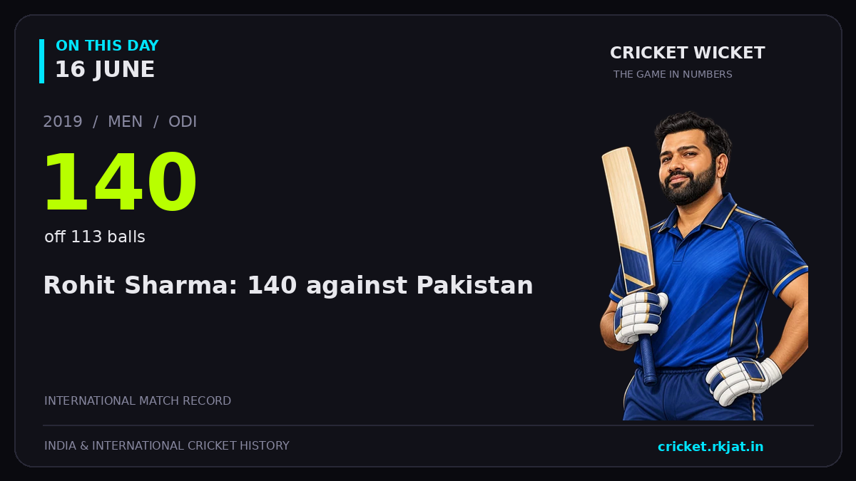 On this day, 16 June: Rohit Sharma: 140 against Pakistan. 2019; 140, off 113 balls.