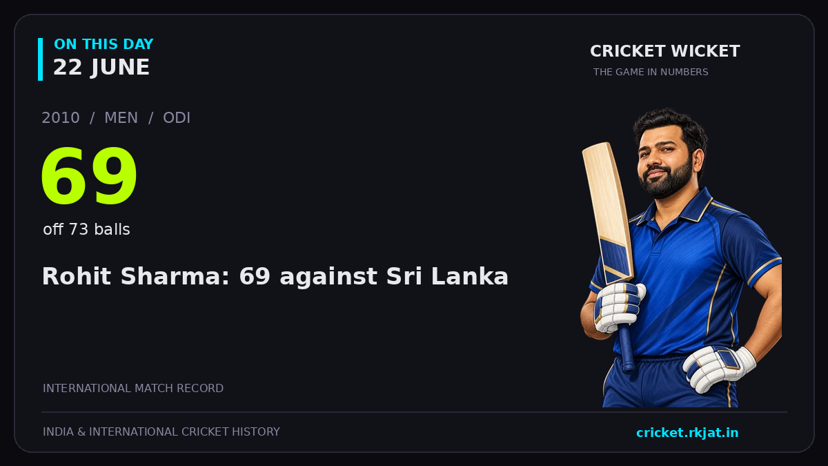 On this day, 22 June: Rohit Sharma: 69 against Sri Lanka. 2010; 69, off 73 balls.