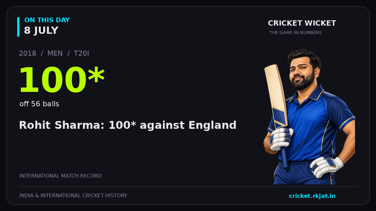 On this day, 8 July: Rohit Sharma: 100* against England. 2018; 100*, off 56 balls.