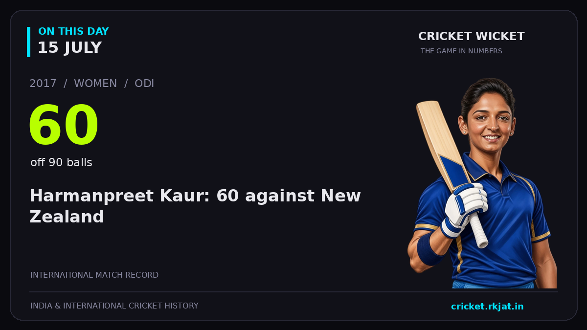 On this day, 15 July: Harmanpreet Kaur: 60 against New Zealand. 2017; 60, off 90 balls.