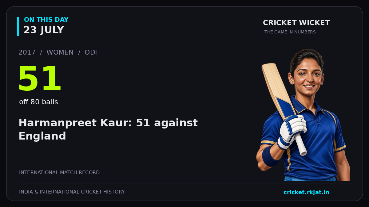 On this day, 23 July: Harmanpreet Kaur: 51 against England. 2017; 51, off 80 balls.