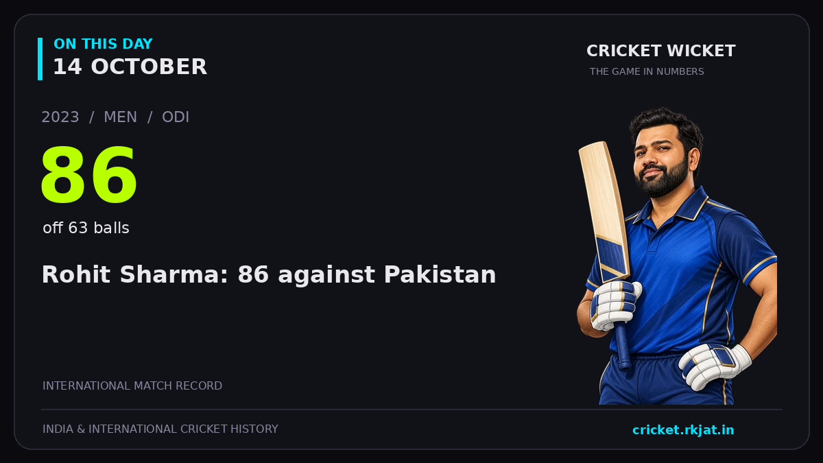 On this day, 14 October: Rohit Sharma: 86 against Pakistan. 2023; 86, off 63 balls.