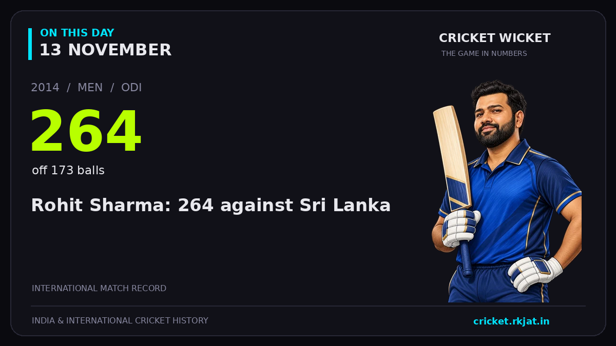 On this day, 13 November: Rohit Sharma: 264 against Sri Lanka. 2014; 264, off 173 balls.