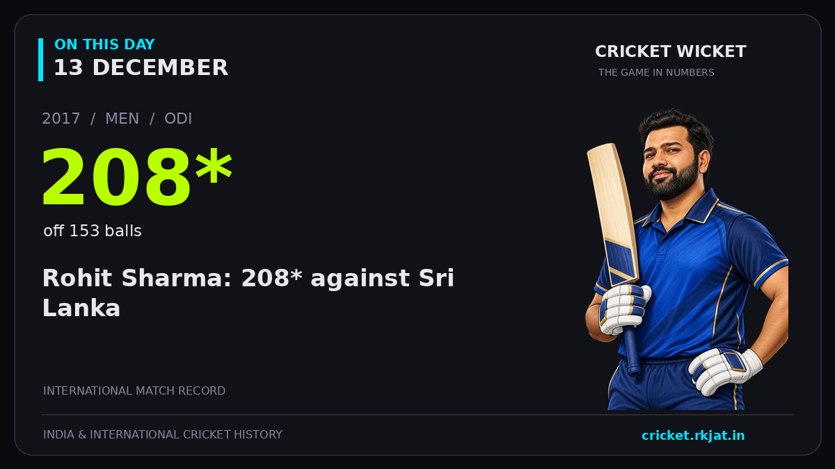 On this day, 13 December: Rohit Sharma: 208* against Sri Lanka. 2017; 208*, off 153 balls.