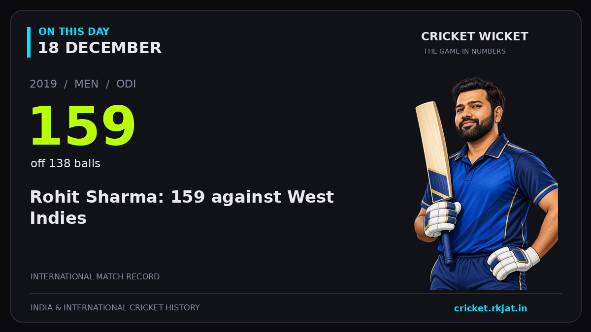 On this day, 18 December: Rohit Sharma: 159 against West Indies. 2019; 159, off 138 balls.