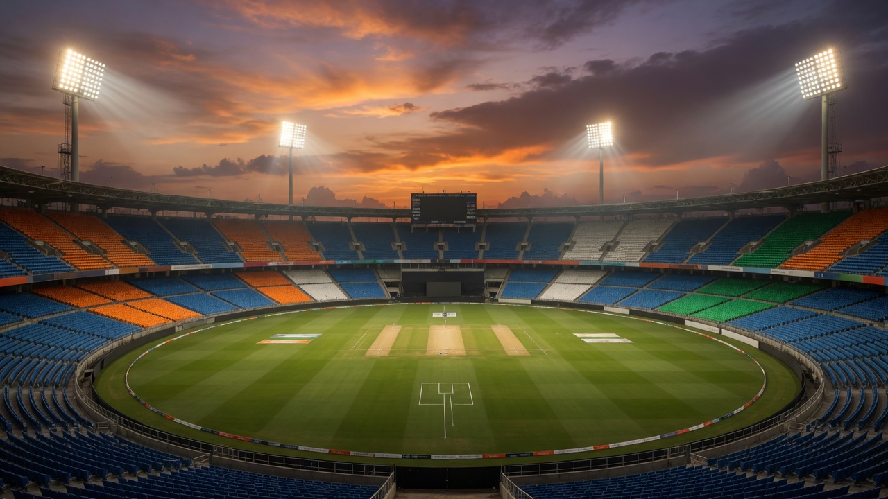Cricket stadium at dusk